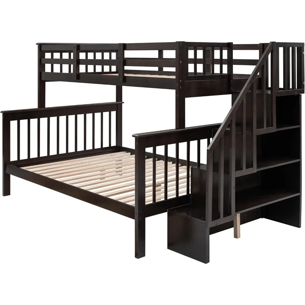 Stackable Twin-Over-Full Bunk Bed with Stairway, Wood Storage Bunk Bed, Detachable Bunk Beds can Be Divided into 2 Beds