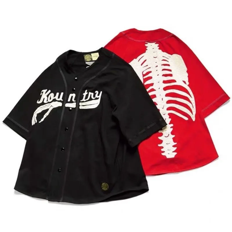 

High Street KAPITAL Japanese Style Bone Letter Embroidery Shirts Men Women Loose Casual Baseball Short Sleeved Shirt Tops