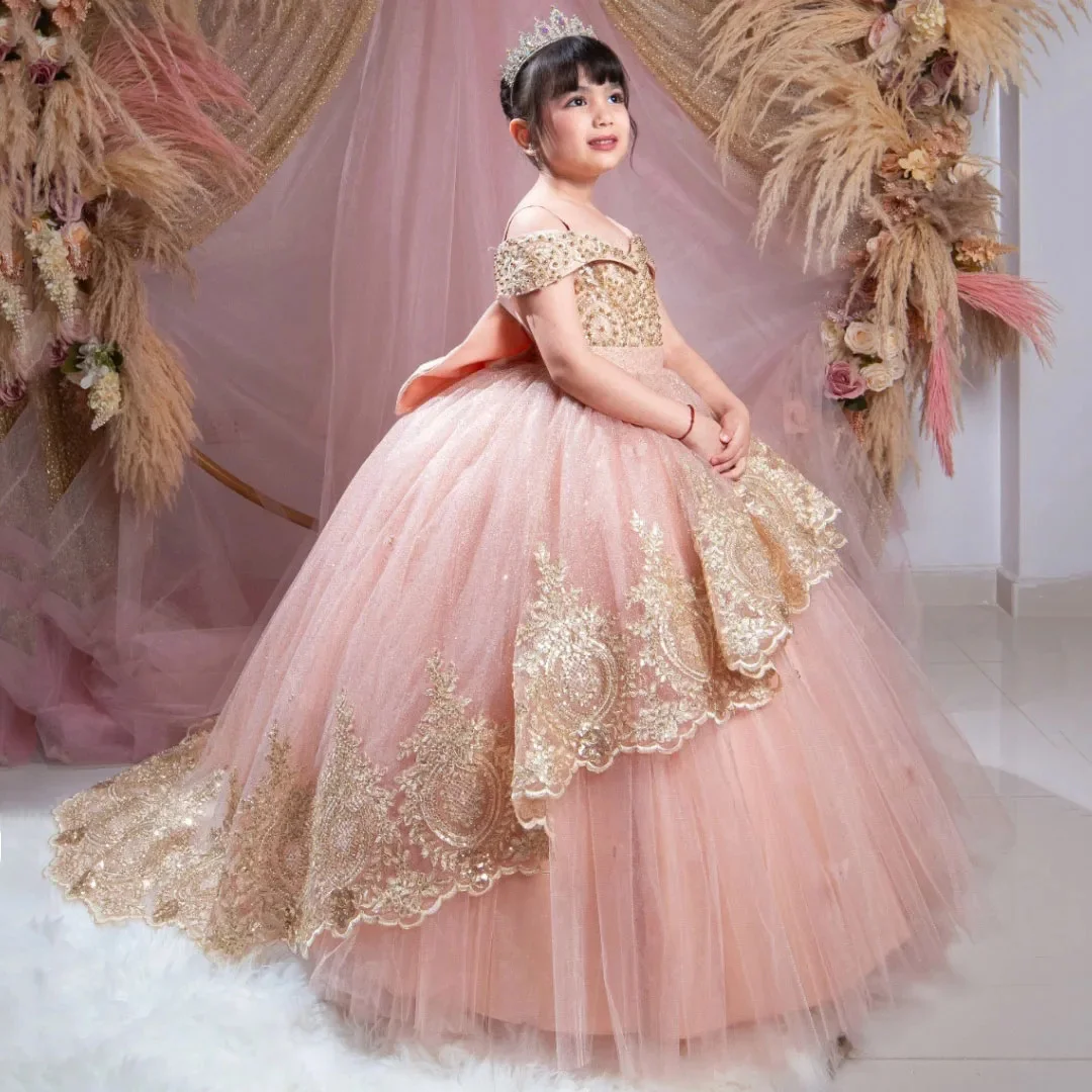 

Customized Blush Satin Tulle Gold Flower Girl Dress Lace Appliques With Bow Short Sleeve For Wedding Birthday Party Banquet Gown
