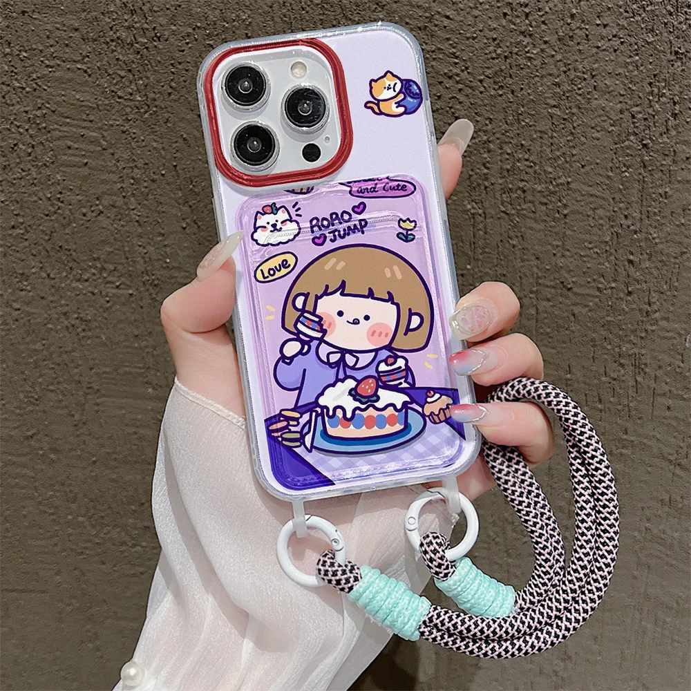 

Card holder with lanyard Phone cases For iPhone 16 ProMax 15 14 13 12 11 ProMax Pro 7 8 Plus XS Xs Max Silicone Solid Color Case