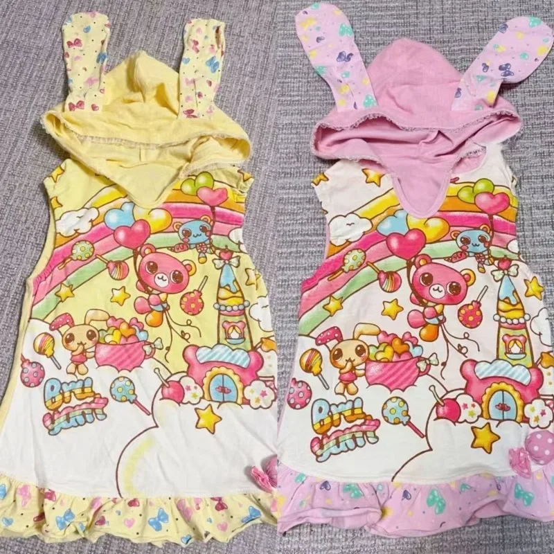 

Women's Kawaii Dopamine Hooded Tanks Tops Japanese Retro Subculture Cartoon Print Vest Womens Harajuku Popular Cute Clothing Top