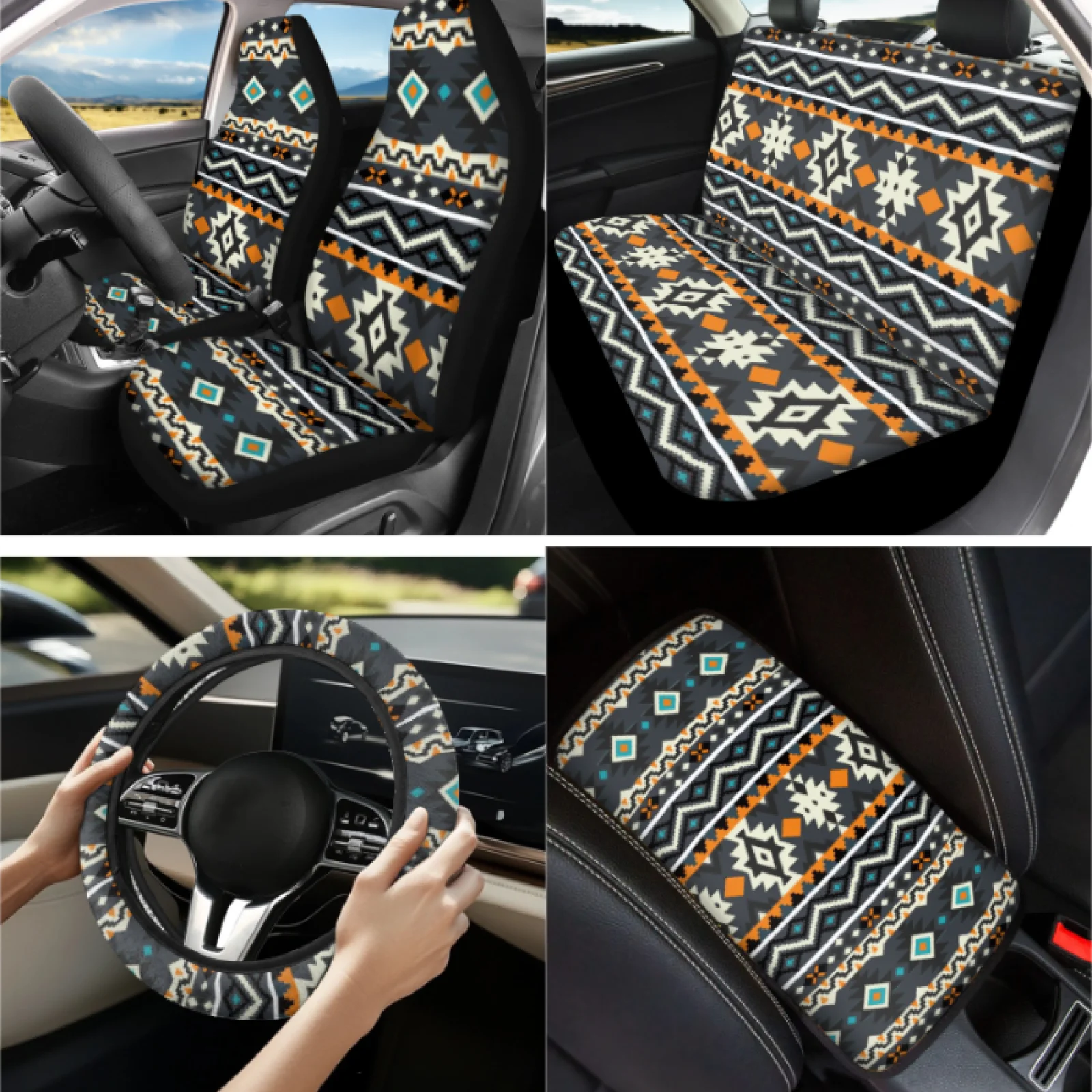Coloranimal Southwestern 13 PCS Car Seat Cover Set with Breathable Car Steering Wheel Cover and Car Armrest Protective Cover