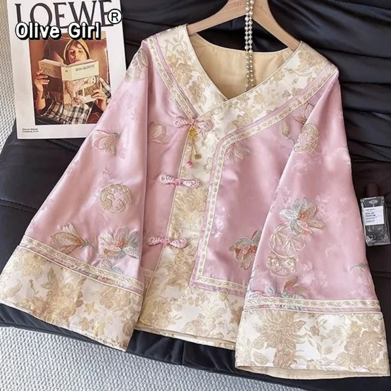 Outerwear Women's Coat Tops Light Luxury Temperament V-neck Embroidery 2025 Improved Chinese Style Top Half Skirt