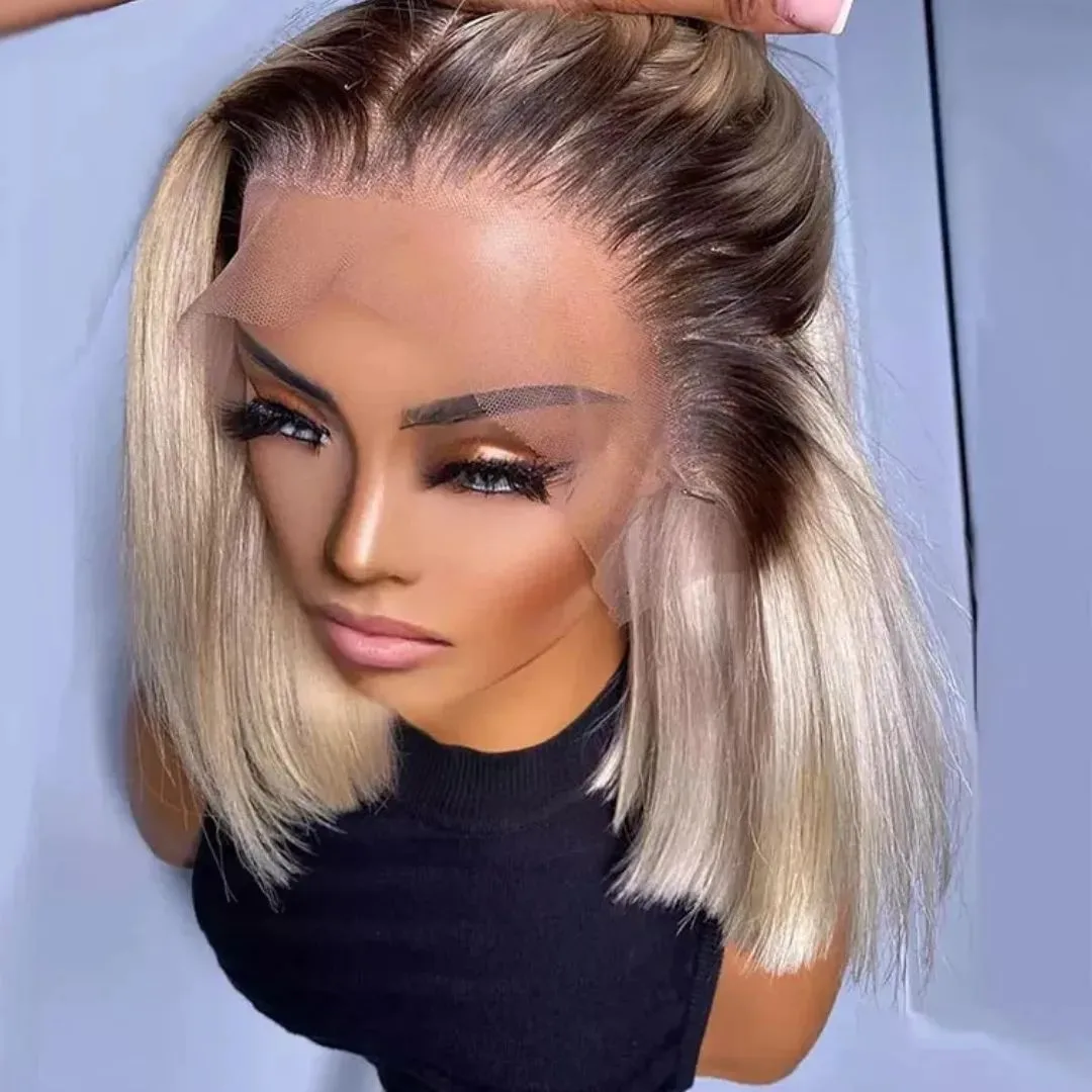 HD Lace Frontal Perucas de Cabelo Humano, Curto Bob Peruca, Light Grey Highlights, Peruca reta, Ash Blonde Roots, Cabelo Virgem Brasileiro, 13x6