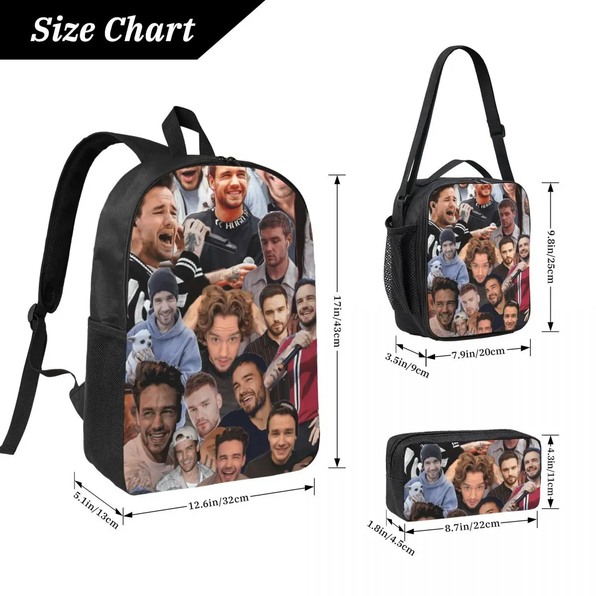 Liam Payne Photo Collage Backpack Student BookBag School Bag Laptop Shoulder Bags 3ps Insulated Lunch Bag Pencil Case