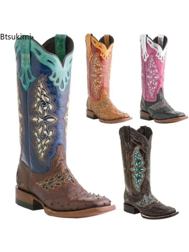 Bottes de chevalier à motifs colorés et bout carré pour femme, bottes à talons épais, brodées, blocage de couleur, antidérapantes, automne et hiver