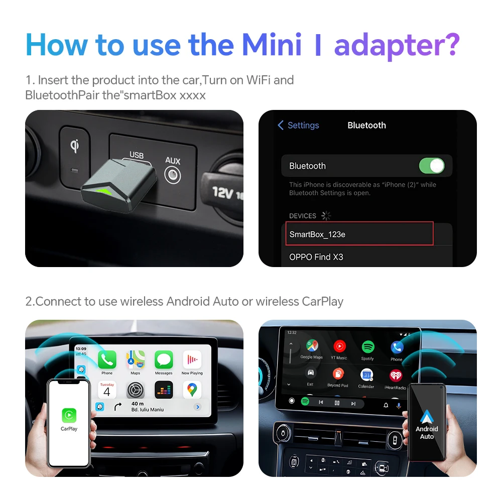 Bezprzewodowy i przewodowy adapter CarPlay 2 w 1 Plug & Play Apple CarPlay Box Android Auto Screen Szybkie połączenie Wifi BT Connect Aktualizacja OTA