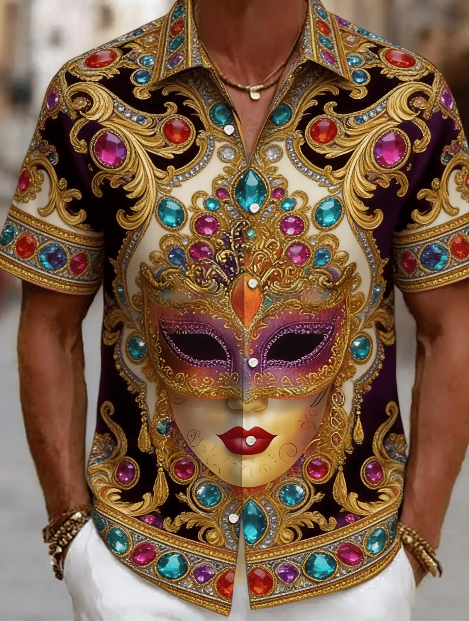 Men's Venetian Mask Print Short Sleeve Shirt, Spring Summer Luxury Baroque Party Blouse, Loose Casual Top