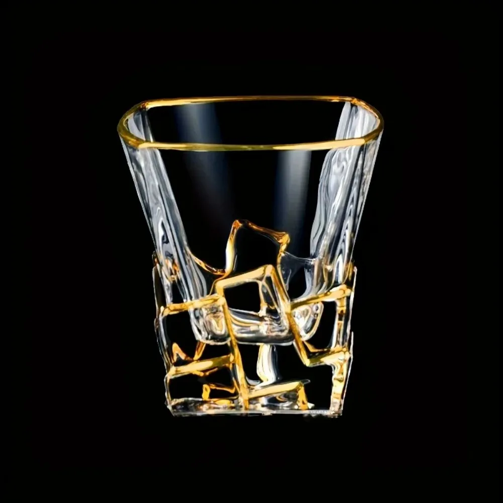 1pcs Crystal Glass Gold-plated Whiskey Glass Household Water Cup Drinking Utensils Kitchen Restaurant Bar Family Beer Cocktail