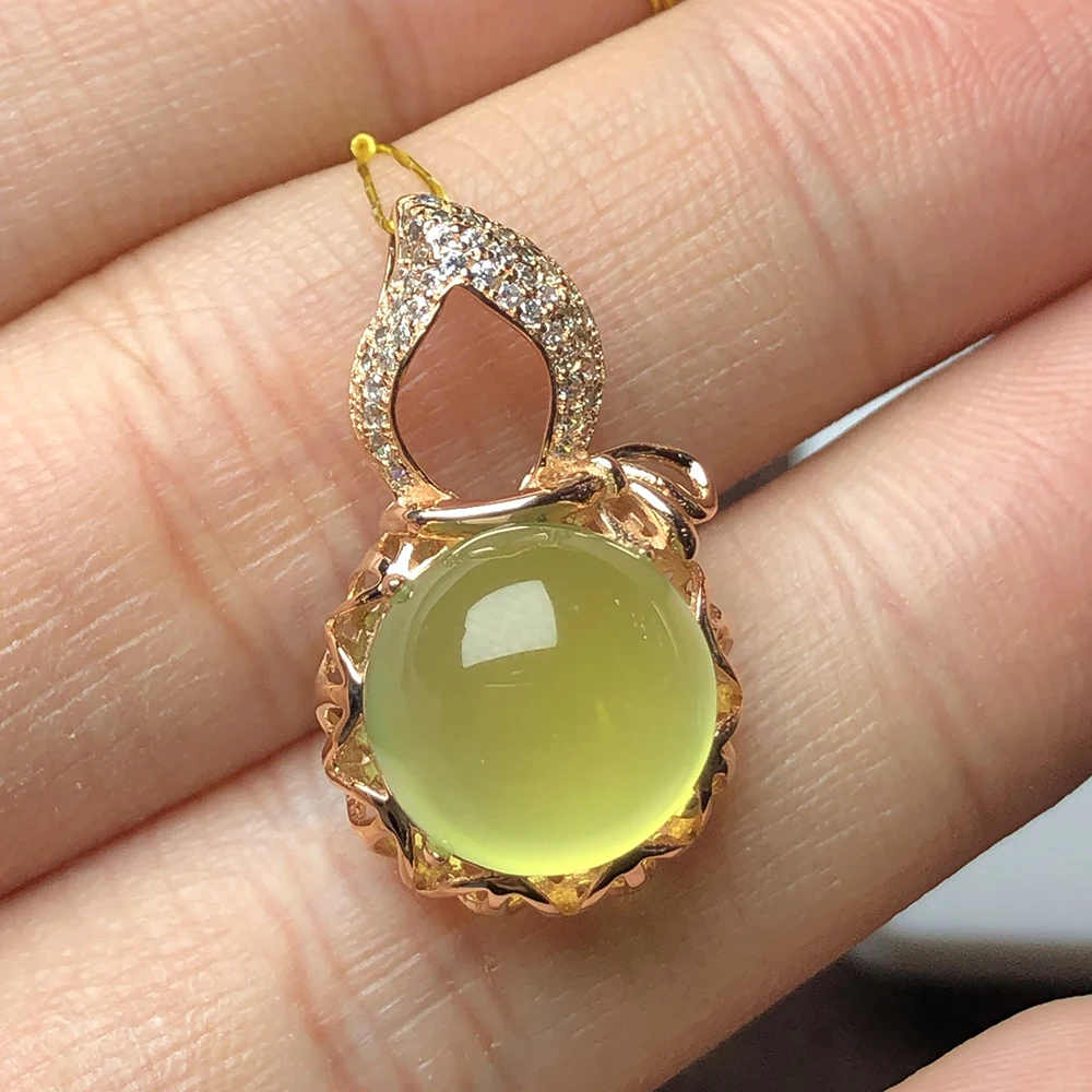 Natural yellow prehnite silver pendant , round 12mm*12mm, vivid gourd shape , classical and popular