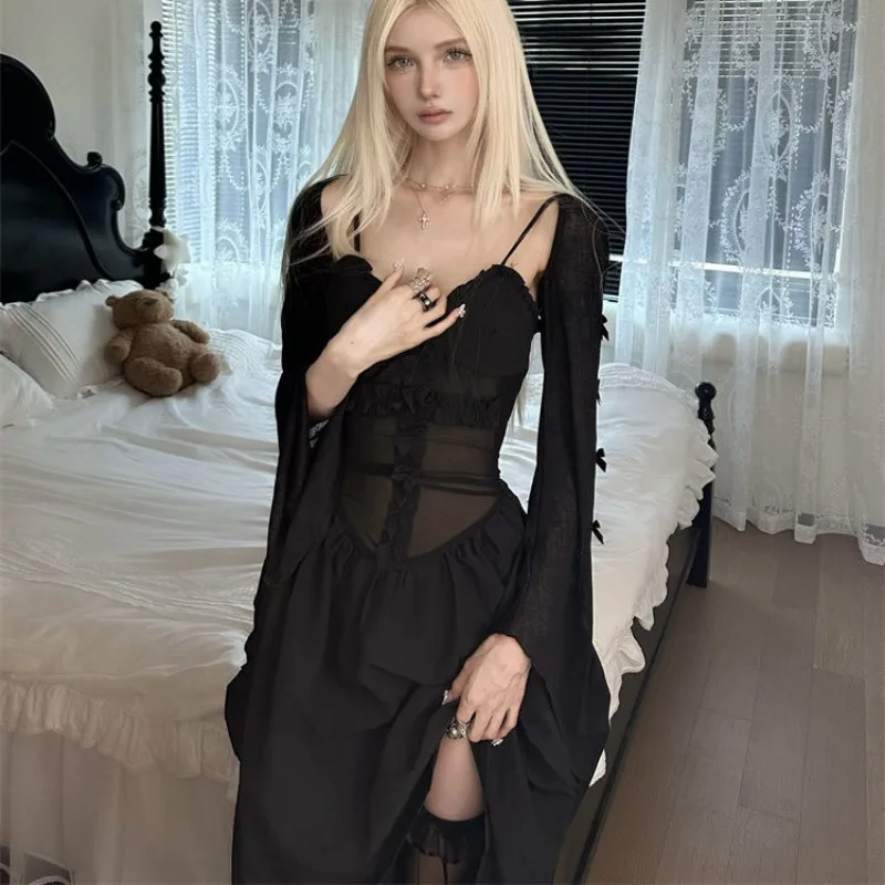 

Gothic Black Vintage Suits Women Y2k Crop Top Blouse + Party Midi Dress 2 Piece Sets Subculture Harajuku Clothing Punk Outfits