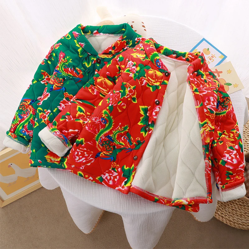 

1pcs Children Thickness Flower Print Coat Boy Girl Autumn Winter Ethnic Style Warm Jacket Plush Overcoat Kid Fashion Velvet Coat