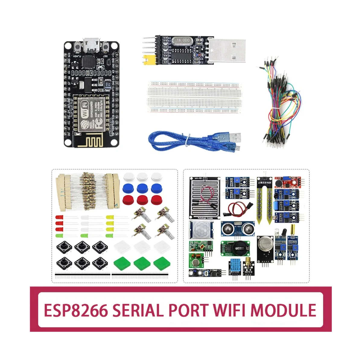 

ESP-12E ESP8266 CP2102 Development Board+16X Sensors+Component Package+USB To Serial Port Module+65 Jumper+Bread