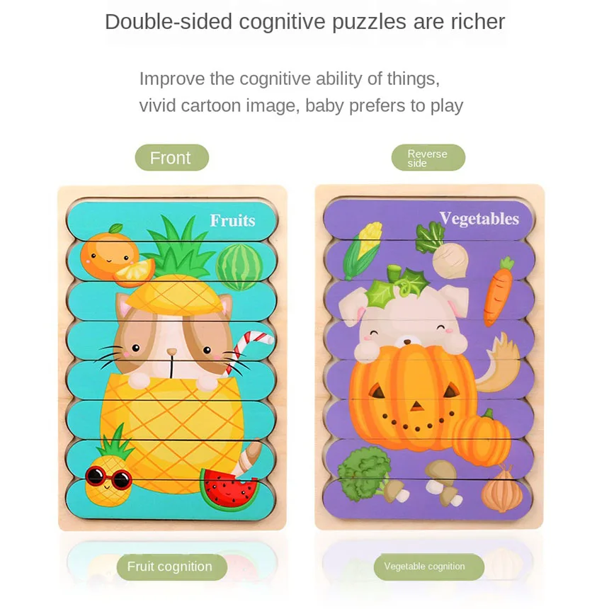 Cartoon Animal Double-sided Strip Wooden Puzzles Kids Montessori Jigsaw Game Baby Educational Toys for Children