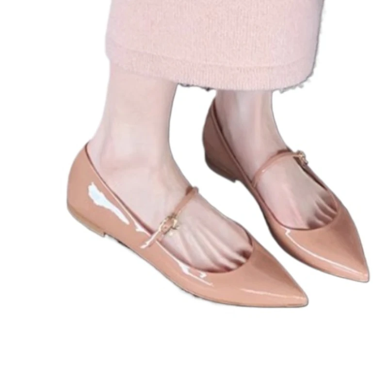 2024 New Women\'s Square Heel Shoes Fashionable Solid Color Pointed Toe Shallow Mouth Nude Color Slotted Buckle Women\'s Shoes