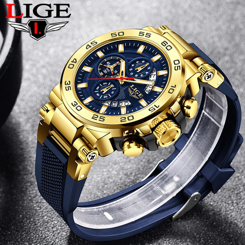 

LIGE 2024 Top Luxury Men's Watch Large Dial Chronograph Date Waterproof Quartz Silicone Sports Military Mens Watch reloj hombre