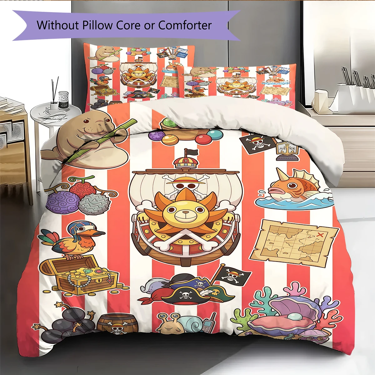 Juego de ropa de cama náutica One Piece Thousand Sunny, funda de almohada y funda nórdica para fanáticos del anime, regalo perfecto para cumpleaños y días festivos.chl