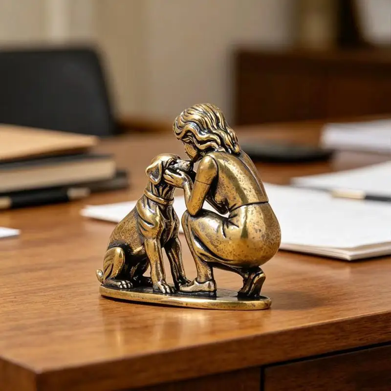 Brass Girl and Dog Statue Small Creative Retro Ornament Solid Brass Decor for Home Office Desk Shelf Display