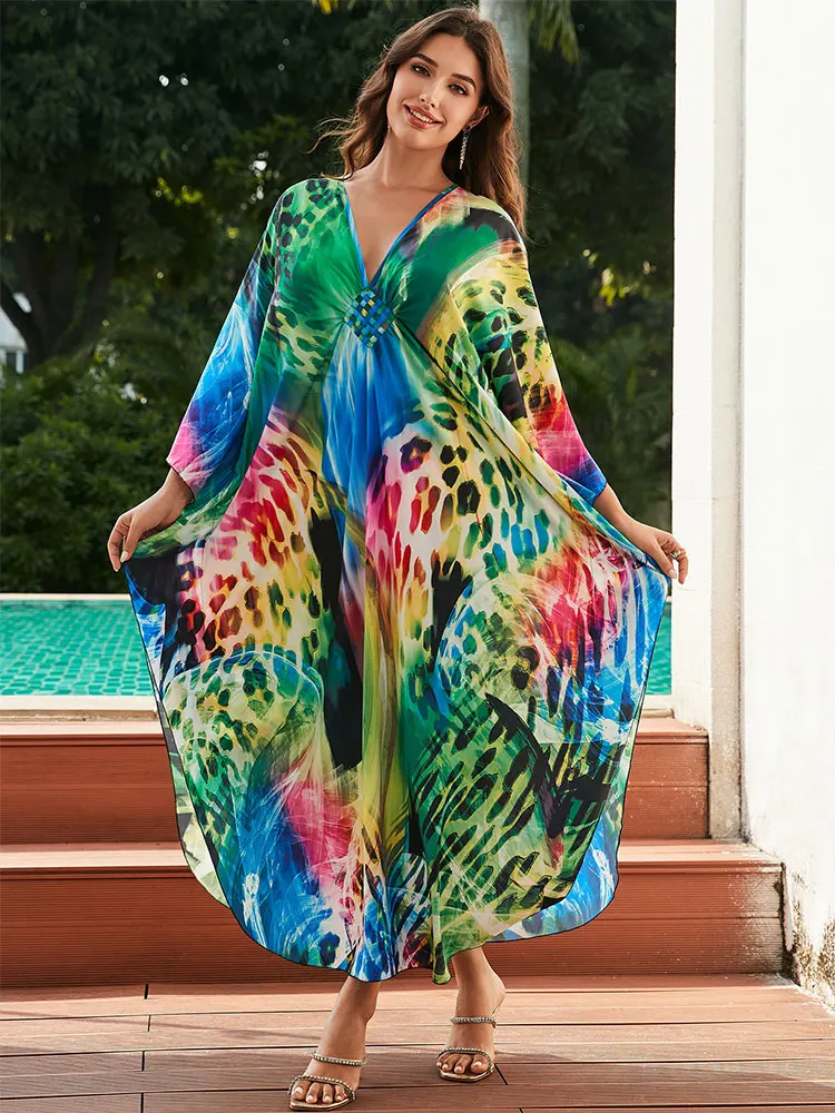 2024 Summer Green Printed Boho Sexy V Neck Long Sleeve Side Slit Kaftan Dress Women Beach Wear Maxi Dresses Q1588