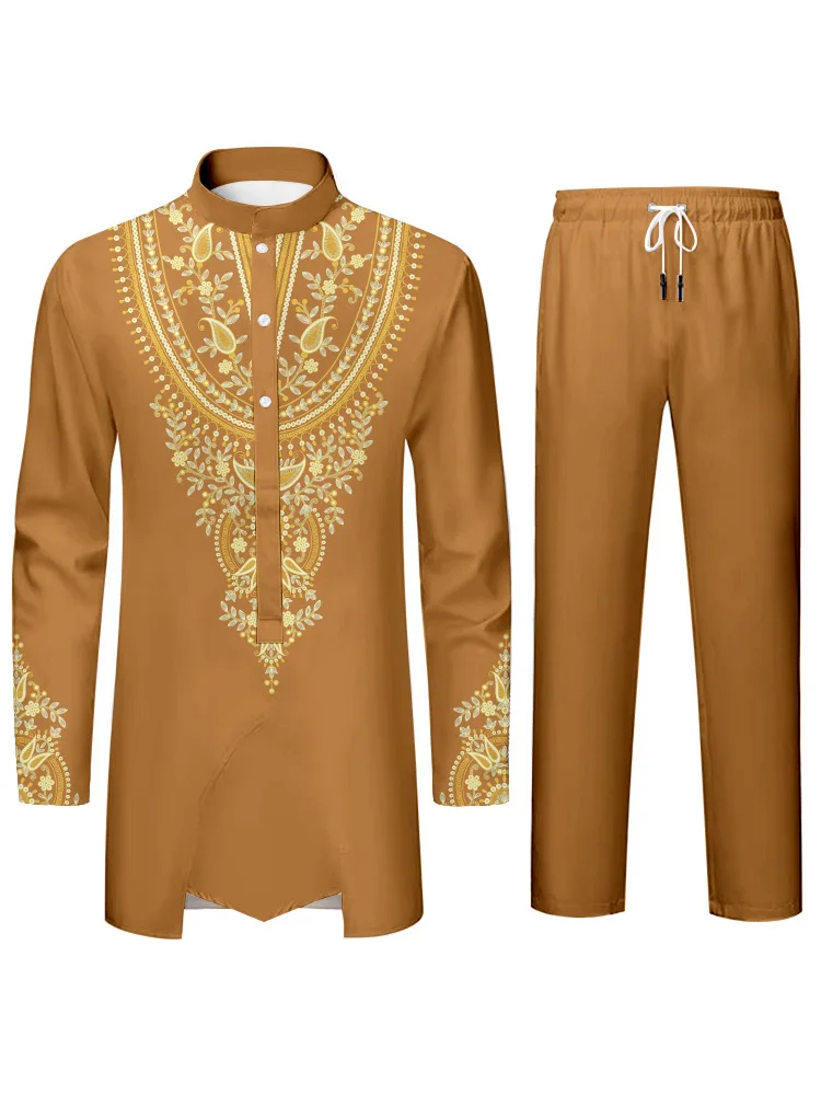 Middle Eastern Culture Muslim Suit Halter Collar Long Sleeve Shirt Long Pants Traditional Dress Fashion 3D Printed Patterns