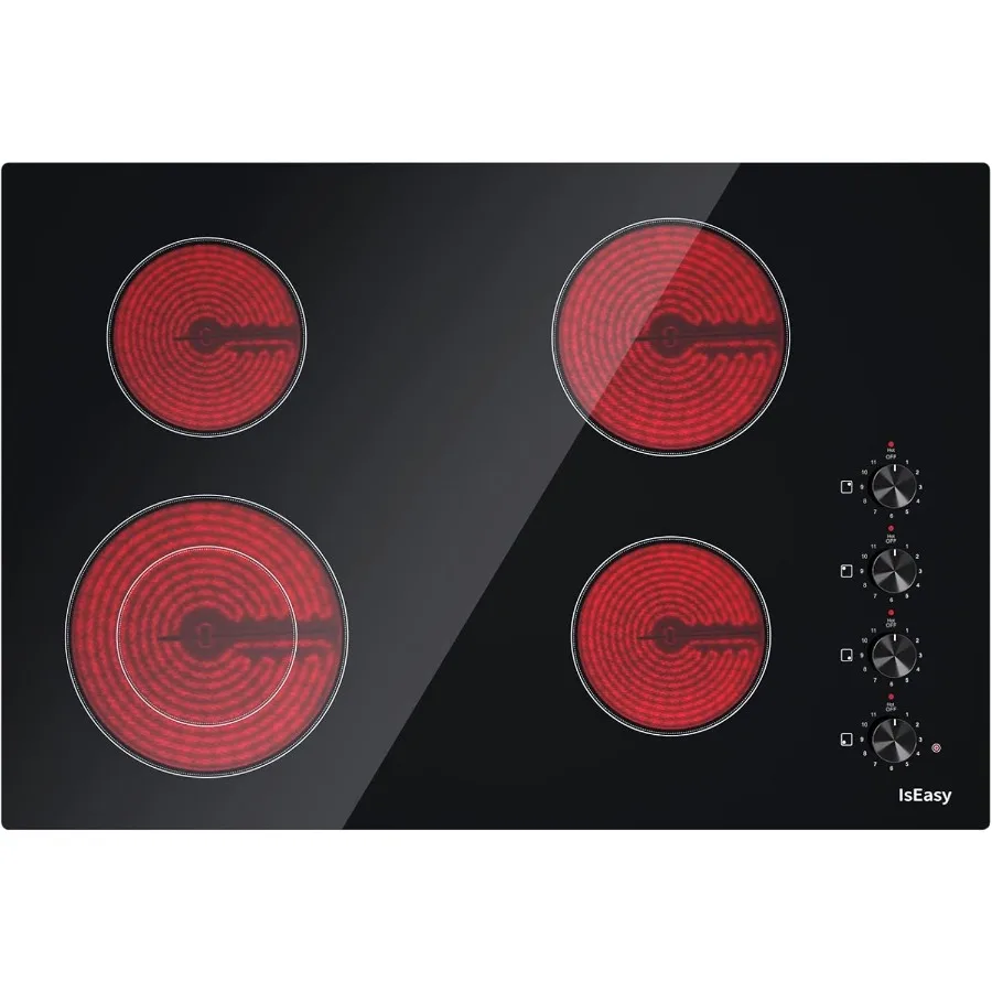 

30-дюймовая электрическая варочная панель, 4 конфорки, встроенная керамическая плита, черное атласное стекло с ручкой управления, 9 уровней мощности/таймер/безопасность детей