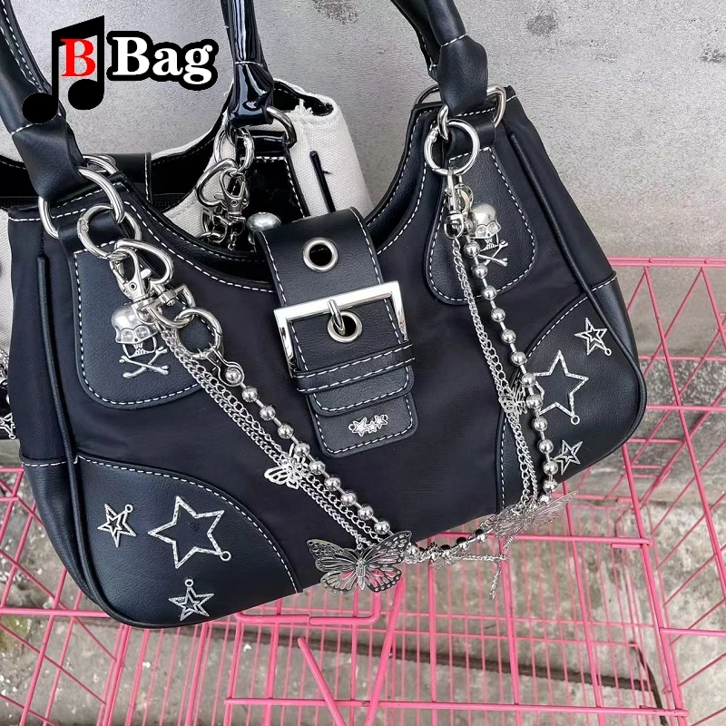 Dwukolorowa kontrastujące scięgi torba Y2K milenium Spice Girl z dekoracyjnym łańcuchem pod pachą crossbody torebka na ramię kobiety