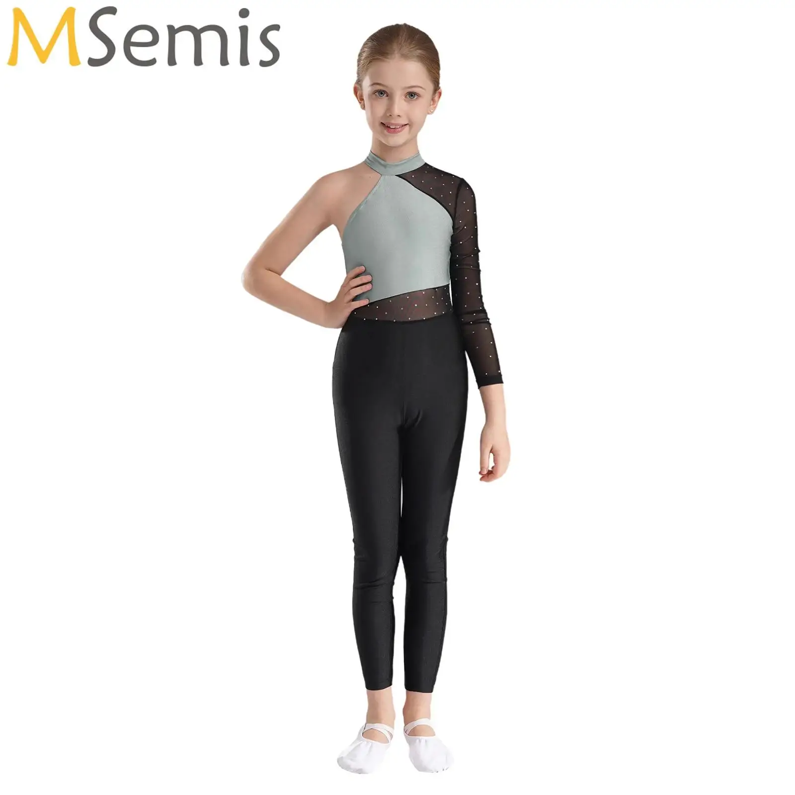 Kids Girls One Shoulder Gymnastics Jumpsuit Sheer Mesh Long Sleeve Bodysuit Figure Skating Ballet Dance Performance Costume