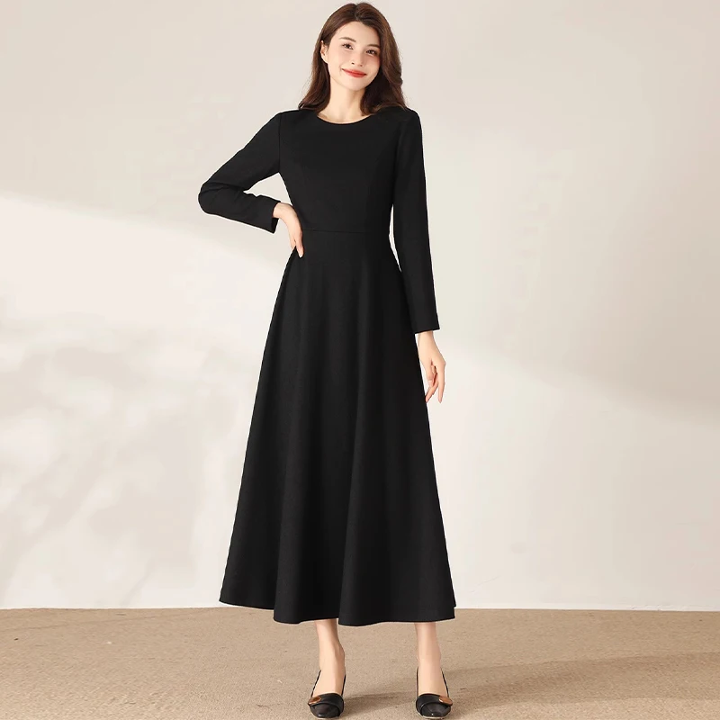

Autumn Winter New round Neck Long Sleeve Woolen Dress plus Size Slimming Elegant Solid Color Full Skirt Long Gown for Women2026