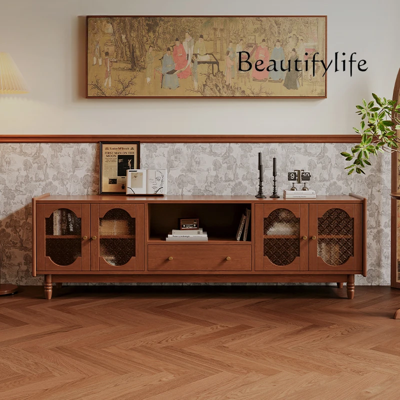 Retro Solid Wood TV Cabinet Home Living Room Small Apartment Mid-Ancient High-End Bedroom TV Stand