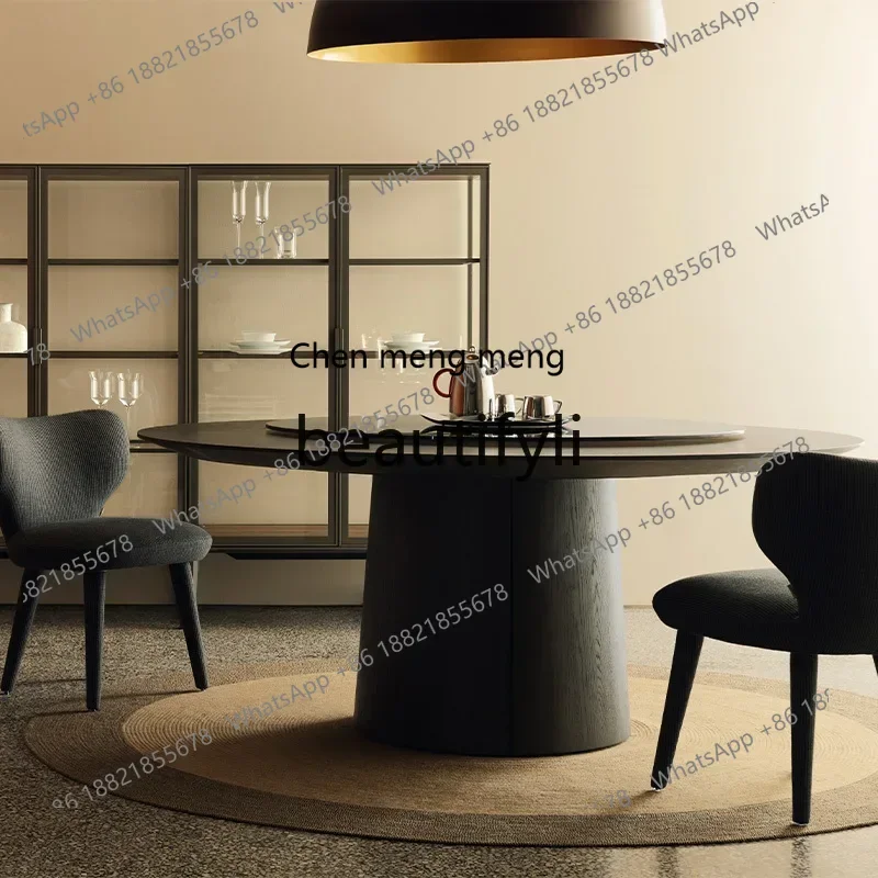 X FH  Large Villa Italian Style Solid Wood Round Dining Table with Turntable Minimalist Home Dining Table