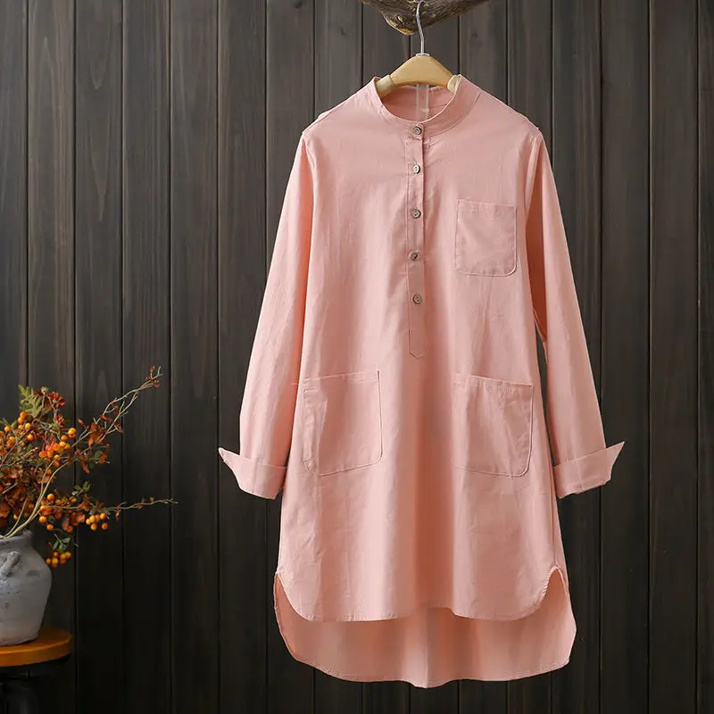 Cotton Shirts Womens 2022 Autumn Fall Stand Collar Loose Linen Blouse Female Front Pockets Solid Color Long Sleeve Tops Women
