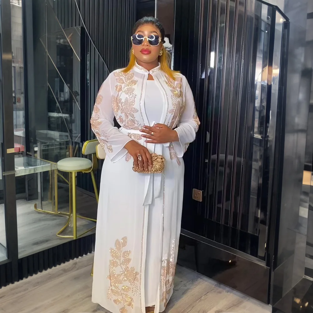 

2025 Chiffon Long Sleeve Dresses Dubai Luxury Abayas For Women Muslim 2 PCS Set Clothing Caftan Marocain Party Prom Evening Gown