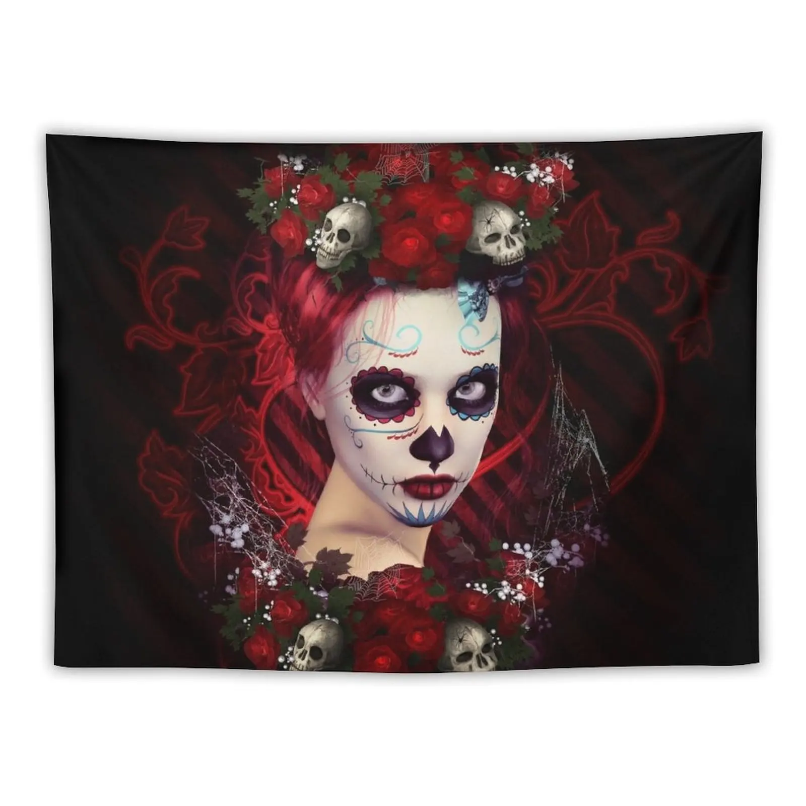 Sugar Doll Red Dia De Muertos Tapestry Bedrooms Decor Wall Decoration Items Tapestry