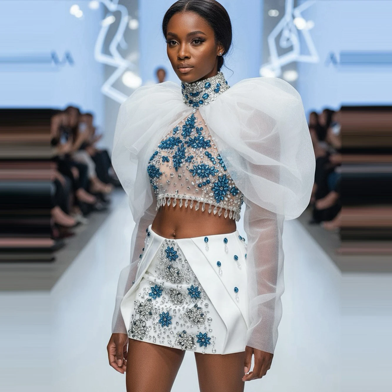 

Белое прозрачное тюлевое платье для выпускного вечера Укороченный топ с высоким воротом и синим бисером Мини-коктейльное платье Горячая распродажа Платье с сетчатыми кристаллами Театрализованное платье