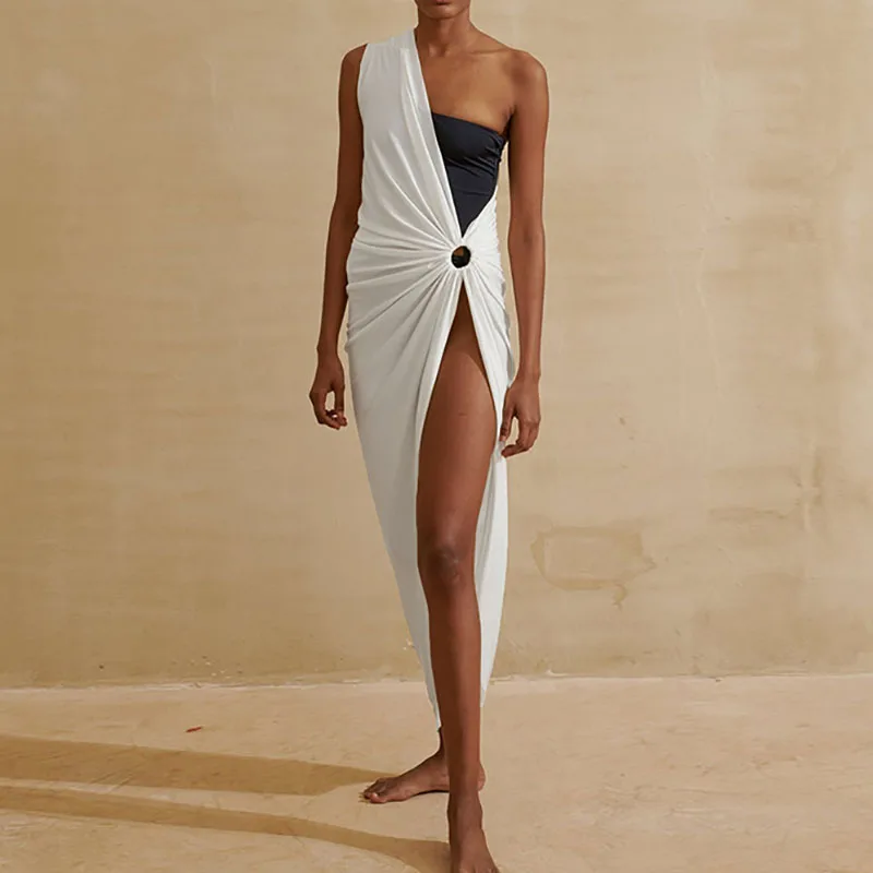 

2024 Spring/Summer Women's One Shoulder Irregular Hanging Neck Dress Sexy Spicy Girl Style White Long Dress