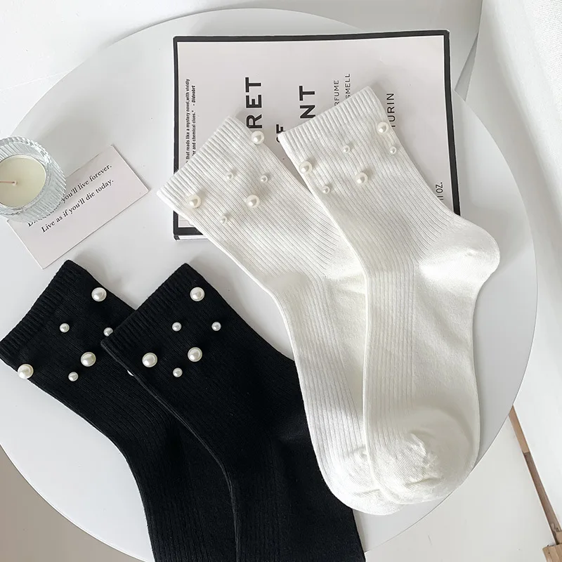 2 pairs Pearl Beaded Socks Women's Summer Thin Black And White Socks Korean Ins Tide Sweet Short Pile Socks Cotton Socks