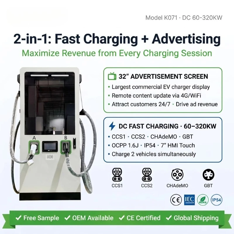 Customized 60KW 120KW 320KW High Power Media EV Charger Dual 32 Inch Screen CCS1 CCS2 CHADEMO GBT OCPP 1.6J 4G RFID IP54 Fast Ch