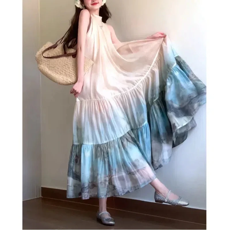 2024 Summer New Chinese Style Sleeveless Halter Fashion Ombre Solid Color Printed Women's Clothing Temperament Thin Long Dress