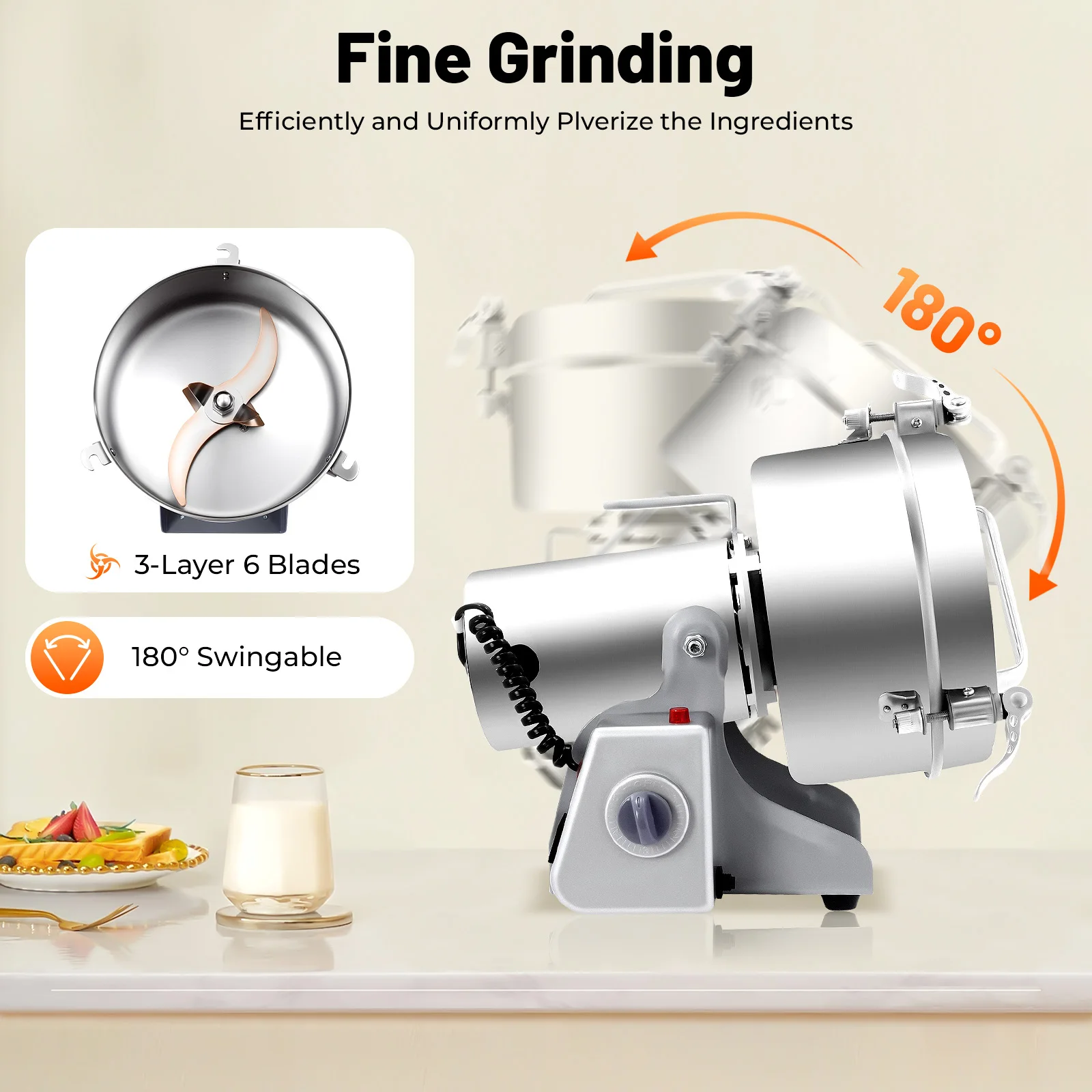 Electric Grain Mill (Grist Mill) with Stainless Steel Grinding Parts, Adjustable Coarseness for Wheat, Corn, Oats, Easy to Clean