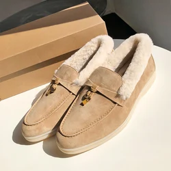 DONNAIN 2022 Natural Wool Fur Winter Moccasins Genuine Suede Leather Women Flat Shoes Soft Rubber Sole Non-Slip Casual Loafers