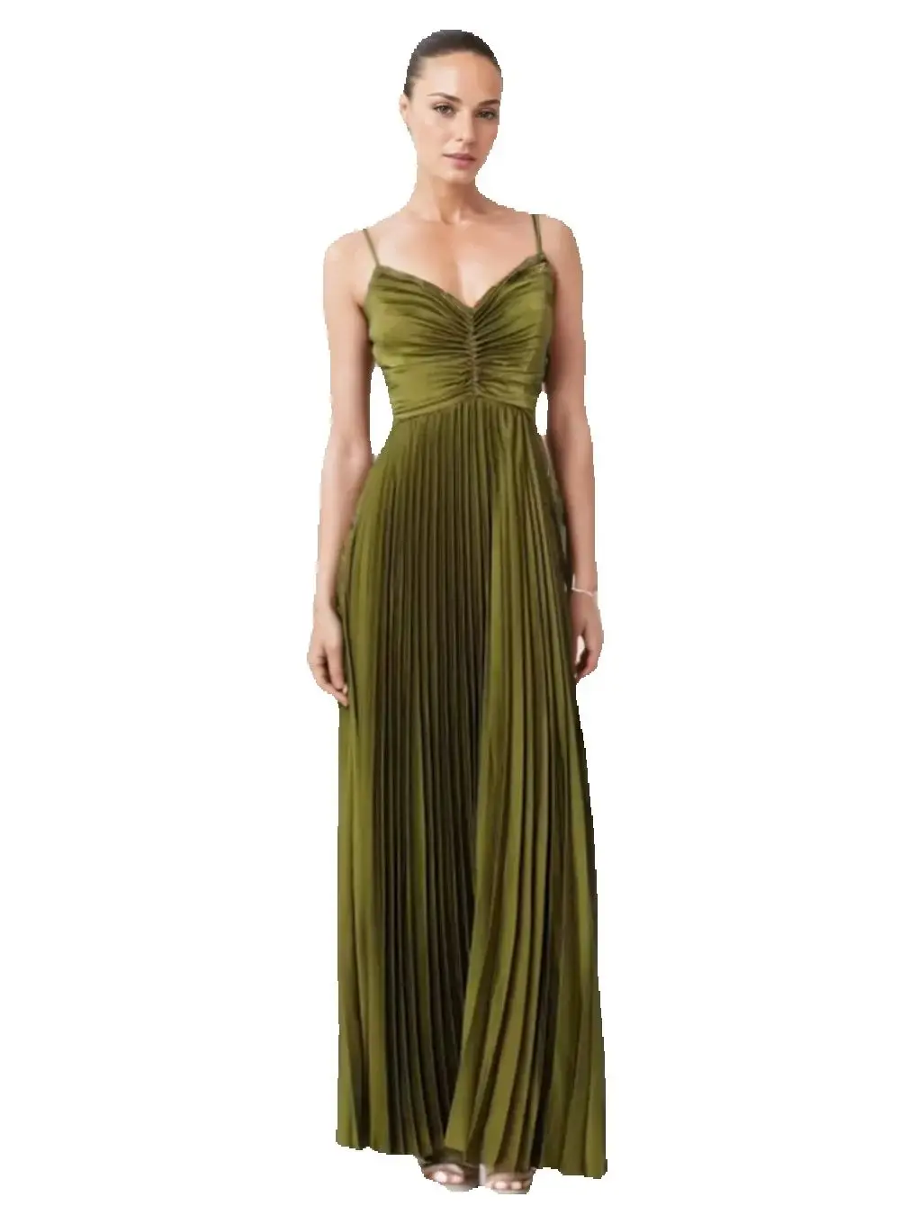 

Sexy V-neck Open Back Spaghetti Straps Pleated Long Dress Green