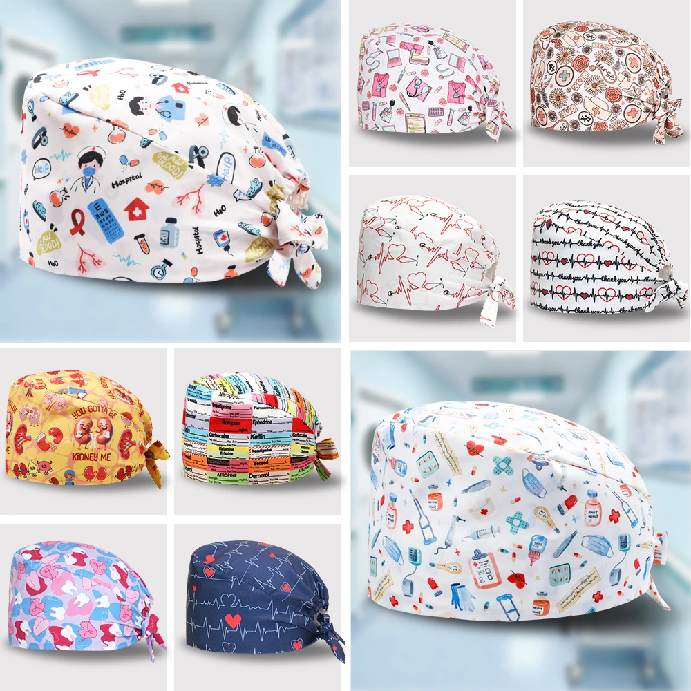 만화 프린트 치과 의사 스크럽 캡 여성용 의료용 스크럽 모자 수술 모자 유니섹스 수술실 모자 병원 의사 간호사 캡