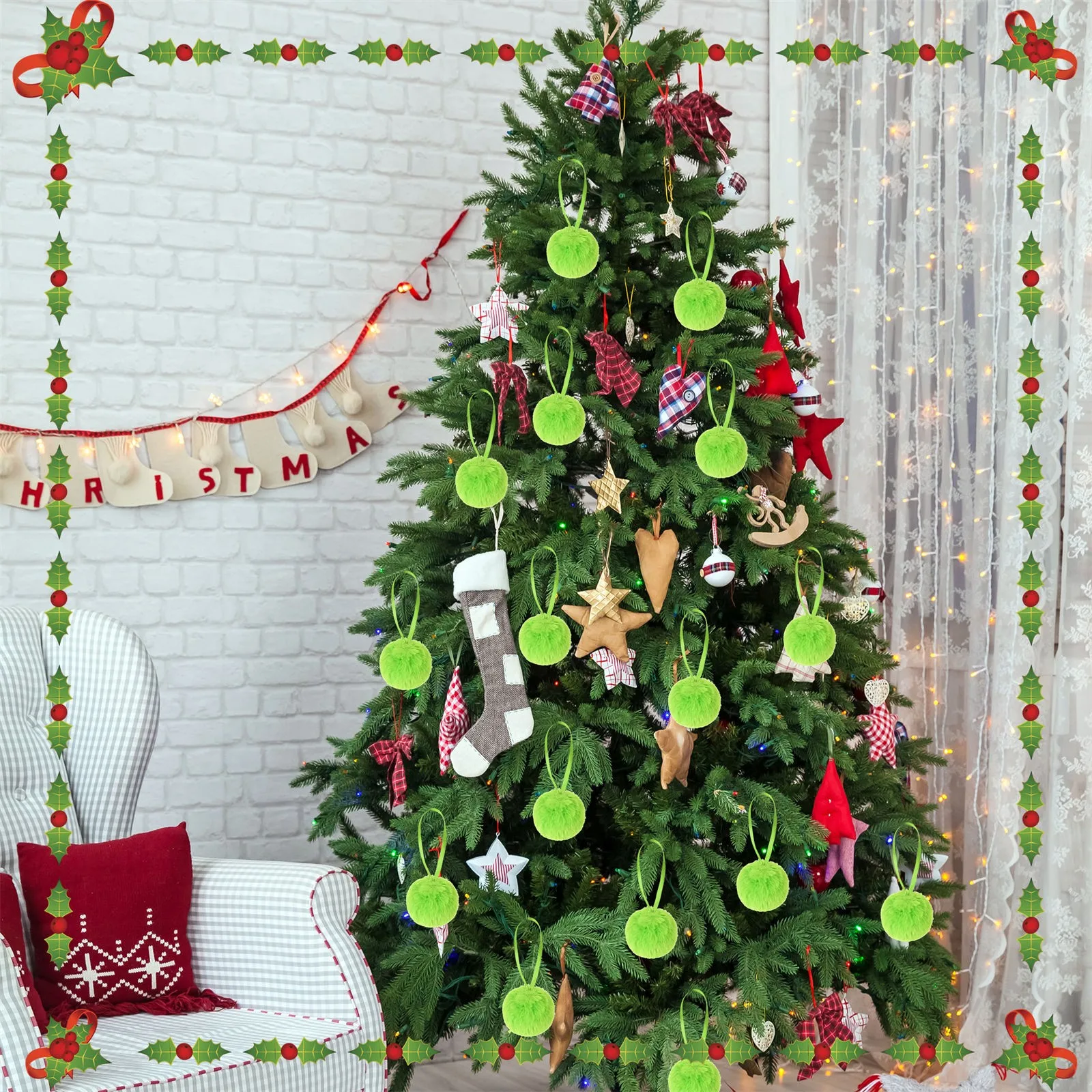 12 Pcs Christmas Balls 2.36 Inch Hanging Christmas Tree Plush Hanging Ornaments Green Red for Indoor Fireplace Home School Decor