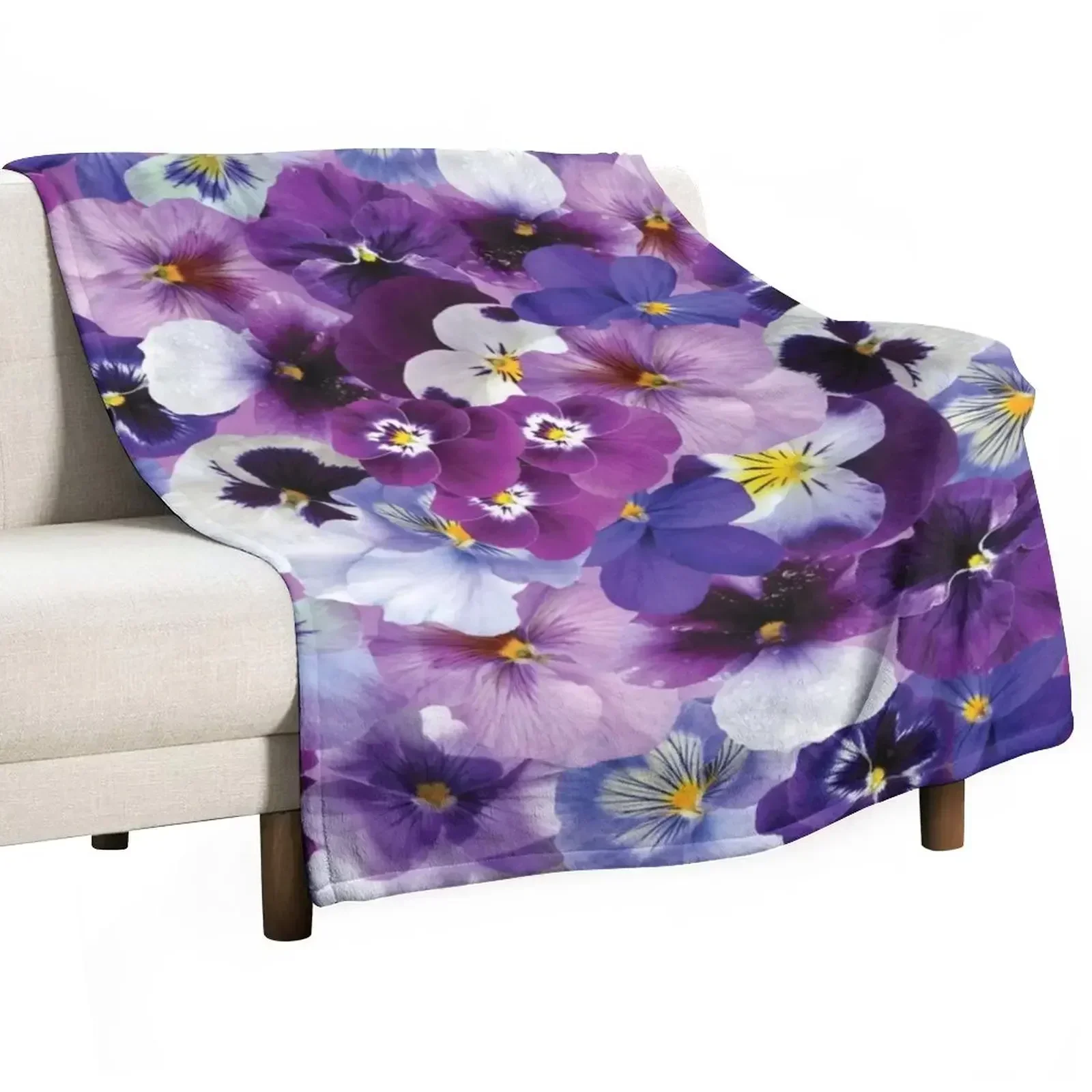 

Purple and white pansy flowers Throw Blanket Portable Lightweight Blanket for Travel Camping