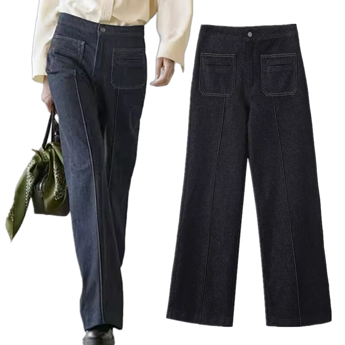 

Элегантные женские прямые брюки Maxdutti во французском стиле с высокой талией, темно-синие джинсы, женские джинсы, женские джинсовые брюки, женская одежда