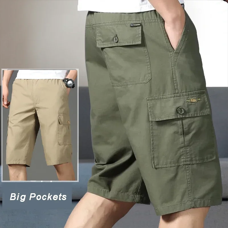 Herren Cargo-Shorts, Kniehose, Reißverschlusstasche, Sommer-Baumwoll-Shorts, Klettern, Jogger, elastische Taille, Sportbekleidung