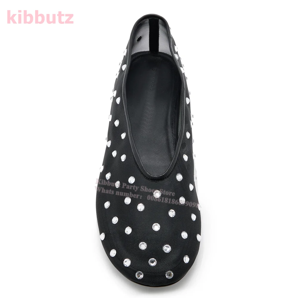 Met Kristallen Versierde Mesh Balletpompen Vierkante Teen Plat Met Glanzend Massief Zwart Slip-On Beknopte Elegante Comfortabele Schoenen Nieuwste