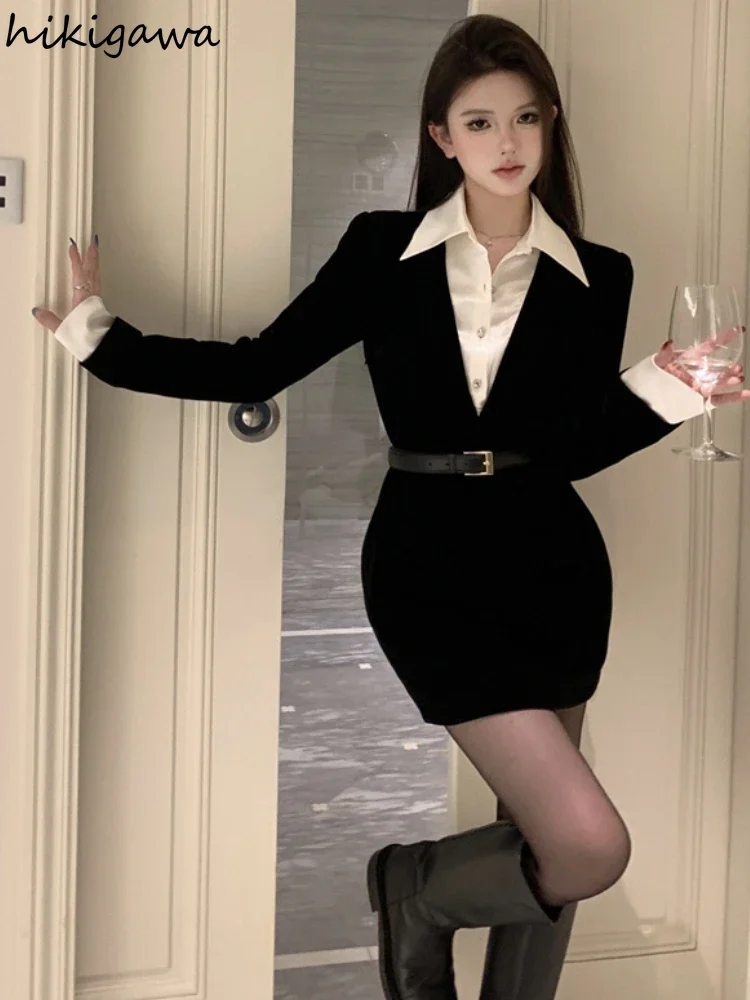 Chic Fake Two Bodycon Dress Women Slim Waist tunica Black Robe Femme 2023 Vestidos De Mujer Fashion Temperament Mini abiti