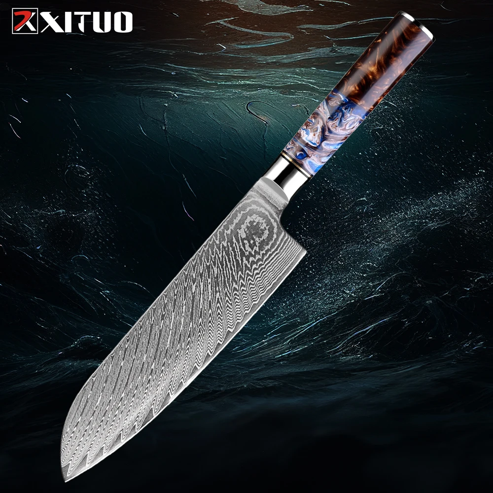 

Нож XITUO Santoku, японский кухонный нож Santoku из дамасской стали VG10, нож шеф-повара с эргономичной ручкой из смолы, острые кухонные ножи