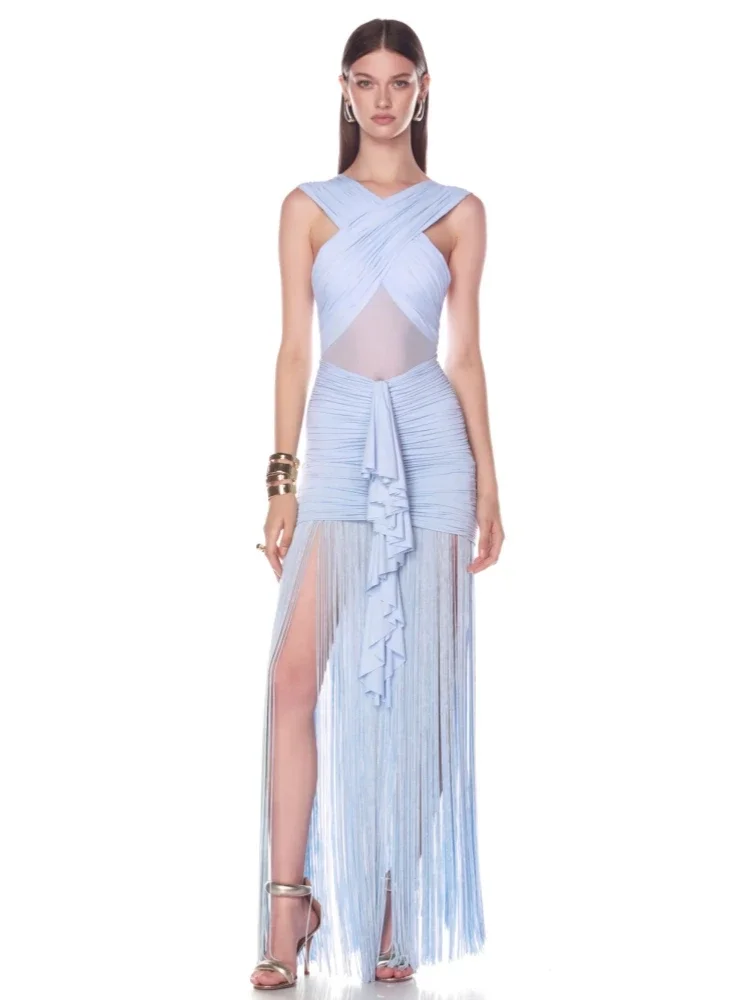 섹시한 홀터 메쉬 패치워크 태슬 주름 롱 드레스 여성용 블루 민소매 백리스 러치드 프린지 드레스 이브닝 파티 가운